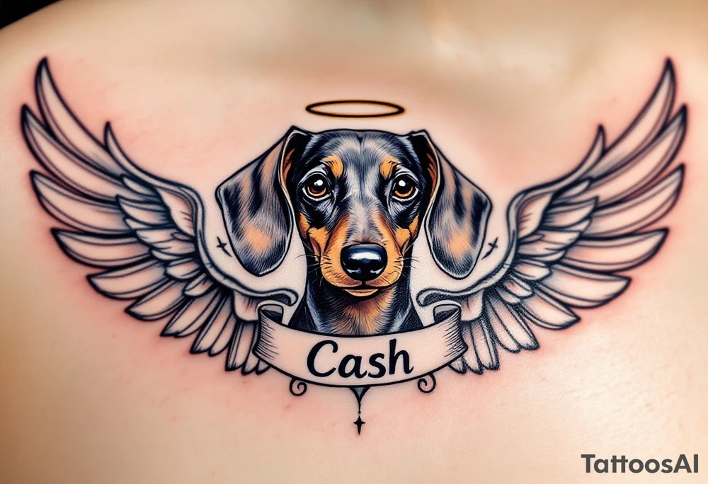 Dachshund ears between wings with a halo above and the name Cash tattoo idea