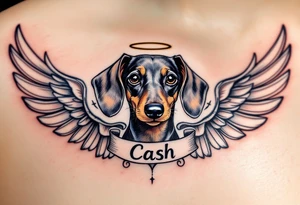 Dachshund ears between wings with a halo above and the name Cash tattoo idea