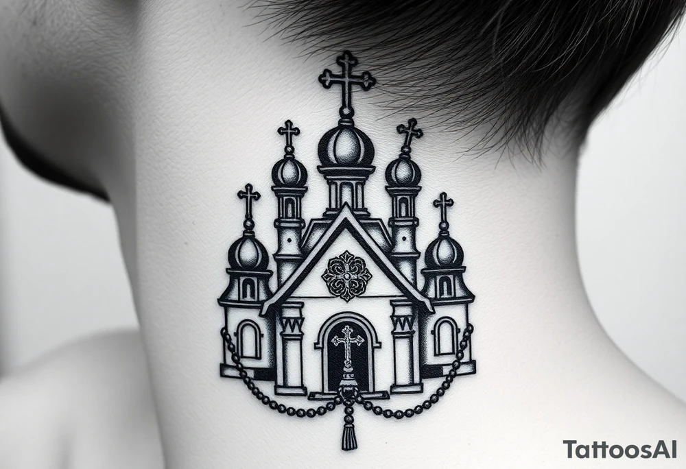 russian orthodox church with the crosses above being christian orthodox but in a AK47 style with a beaded orthodox thurible chain tattoo idea