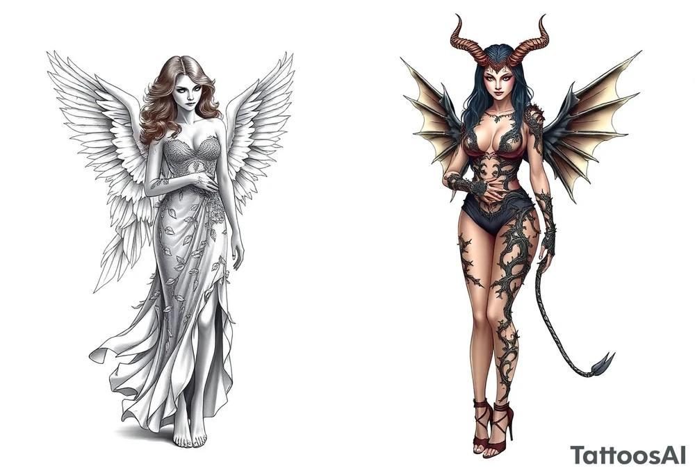 🔥 Dual Tattoo Concept: Angel & Demon – Sexy and Symbolic

Left Side – Angel (Engelin):
A sensual, barefoot angelic woman with soft, flowing hair and serene, open eyes gazes downward with calm strength. Her wings are large, feathered, and gracefully arched. She wears an elegant gown made of delicate, nature-like textures, blending floral and leaf motifs across her bodice and arms. The long dress flows like wind-swept silk, giving a sense of movement and grace. Her posture exudes calm power and divine femininity. She is barefoot, standing lightly as if floating—symbolizing purity, serenity, and grounded spirituality.

Right Side – Demoness (Teufelin):
A striking, seductive demoness with high heels and a confident stance radiates dark power and fierce sensuality. Her body is wrapped in an organic, flame- and thorn-like armor that clings to her form. Her skin appears almost sculpted with dark ornamental patterns. She has sharp horns, long hair, bat-like wings with torn edges, and a long, sinuous tail curling around her leg. Her expression is bold and alluring, eyes closed as if relishing her power. She stands tall in spiked heels, embodying chaos, desire, and strength.

⸻

🌓 Tattoo Style Suggestions:
	•	High-detail black-and-grey realism
	•	Placement: back piece, thighs, or dual shoulder blades
	•	Themes: Good vs Evil, Light vs Dark, Feminine Duality, Temptation vs Grace tattoo idea