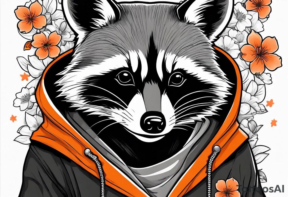 Raccoon wearing a white Superman logo on a black hoodie and orange Japanese cherry blossoms tattoo idea