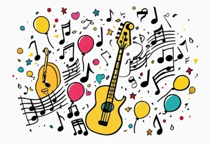 party items, confetti, music notes, ballons tattoo idea