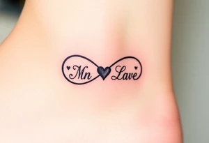 An infinity symbol with two initials on each loop and a tiny heart in the center, customized with calligraphic script in black ink tattoo idea