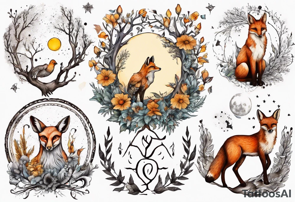 wasser sonne und mond fuchs eule kolibri wald hirsch blume des lebens 
baum berlin tattoo idea