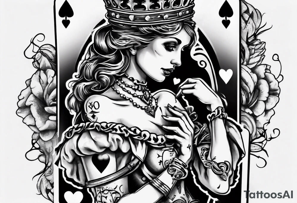 King of heart playing card with the queen of heart playing card around his arm tattoo idea