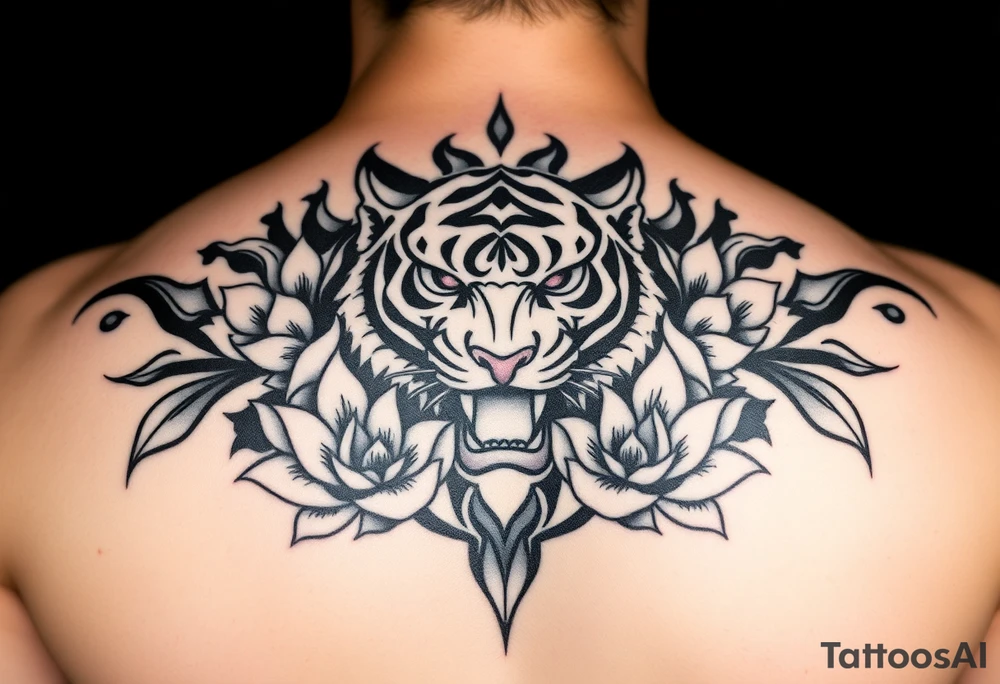 fierce tiger emerging through blooming lotus flowers in mist tattoo idea