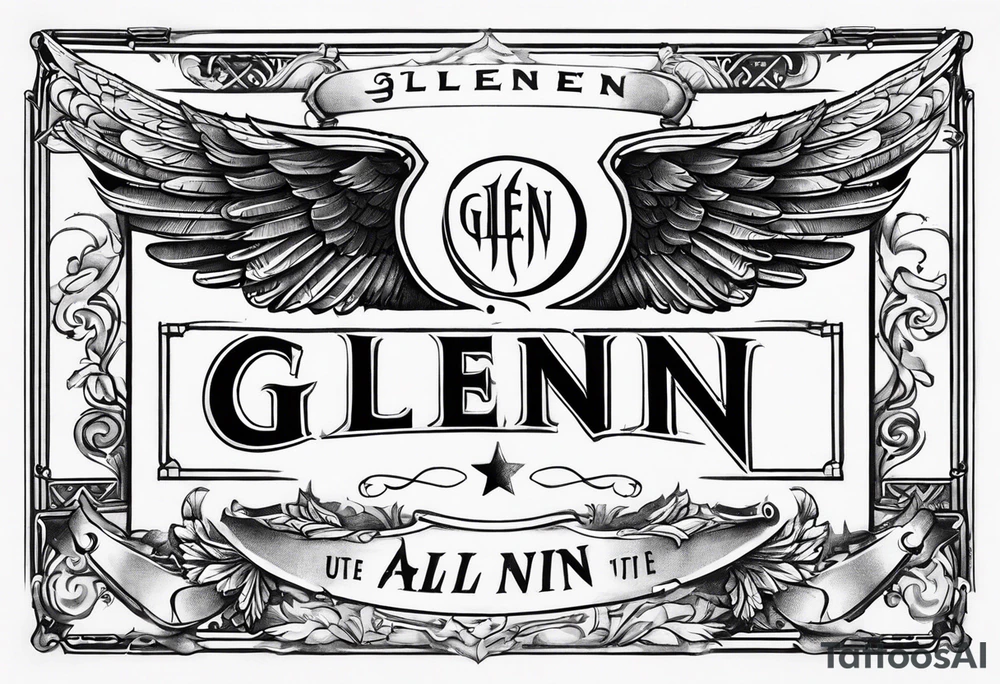 A simple tattoo with the word Glenn on a banner with angel Wings tattoo idea