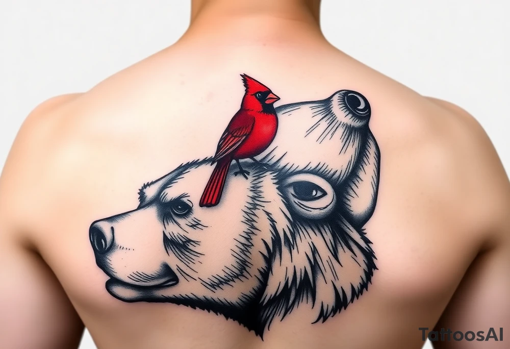Realistic bright red cardinal perched on a large bear tattoo idea