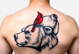 Realistic bright red cardinal perched on a large bear tattoo idea