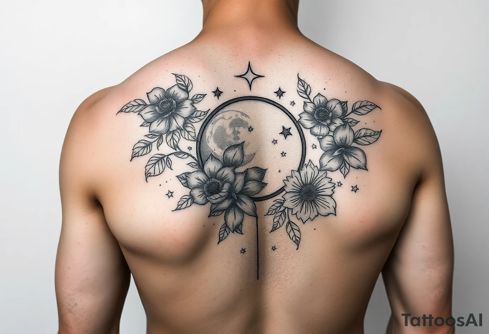 Flower sleeve surrounded by moon and star design for arm tattoo idea