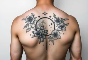 Flower sleeve surrounded by moon and star design for arm tattoo idea
