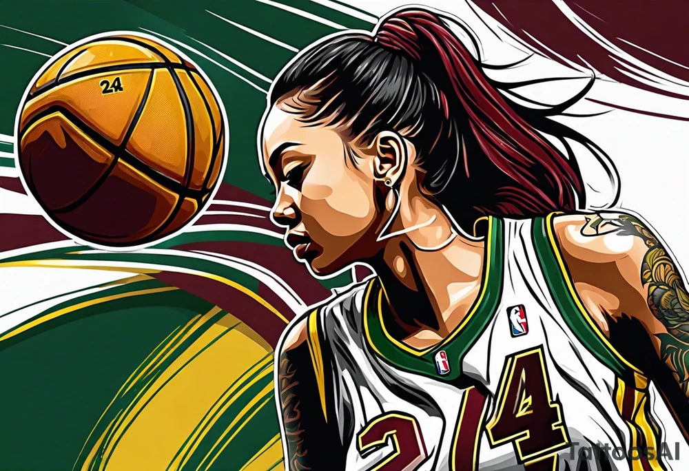 female basketball player number 24 with colors green, yellow, maroon and black tattoo idea