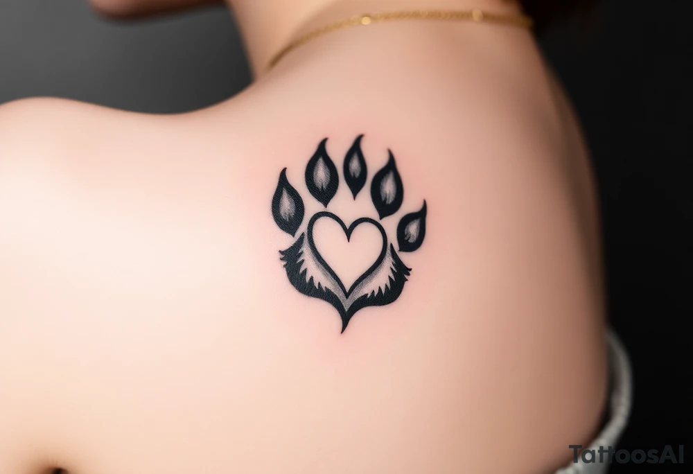 A black-and-gray shaded paw with sharp fur details and intense shading for a bold, mystical look with heart tattoo idea