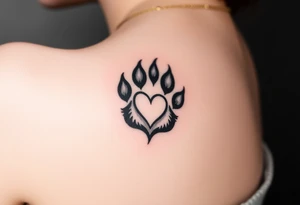 A black-and-gray shaded paw with sharp fur details and intense shading for a bold, mystical look with heart tattoo idea