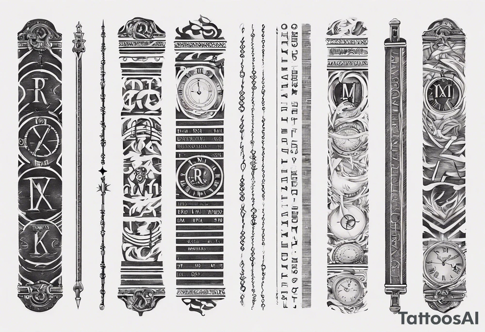 men’s arm sleeve, 1/18 and 8/31 roman numeral small print tattoo idea