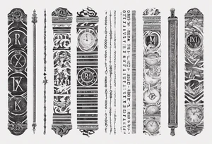 men’s arm sleeve, 1/18 and 8/31 roman numeral small print tattoo idea