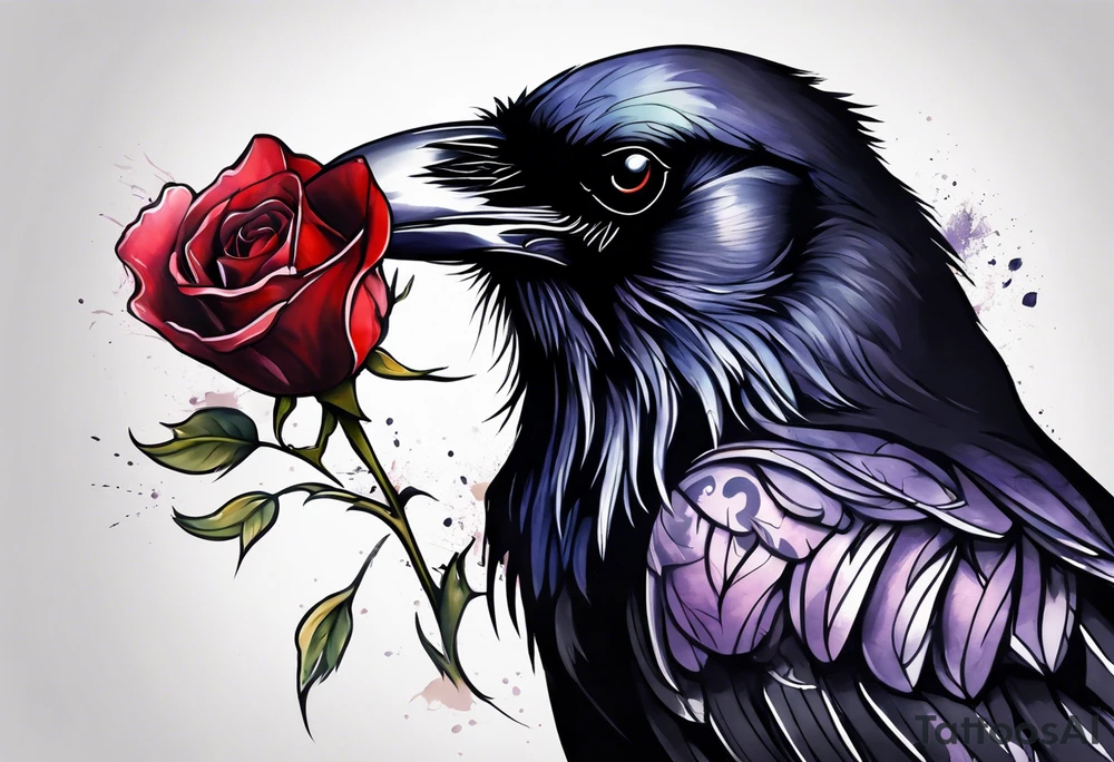 Raven facing forward with a rose underneath it tattoo idea