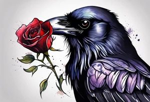 Raven facing forward with a rose underneath it tattoo idea