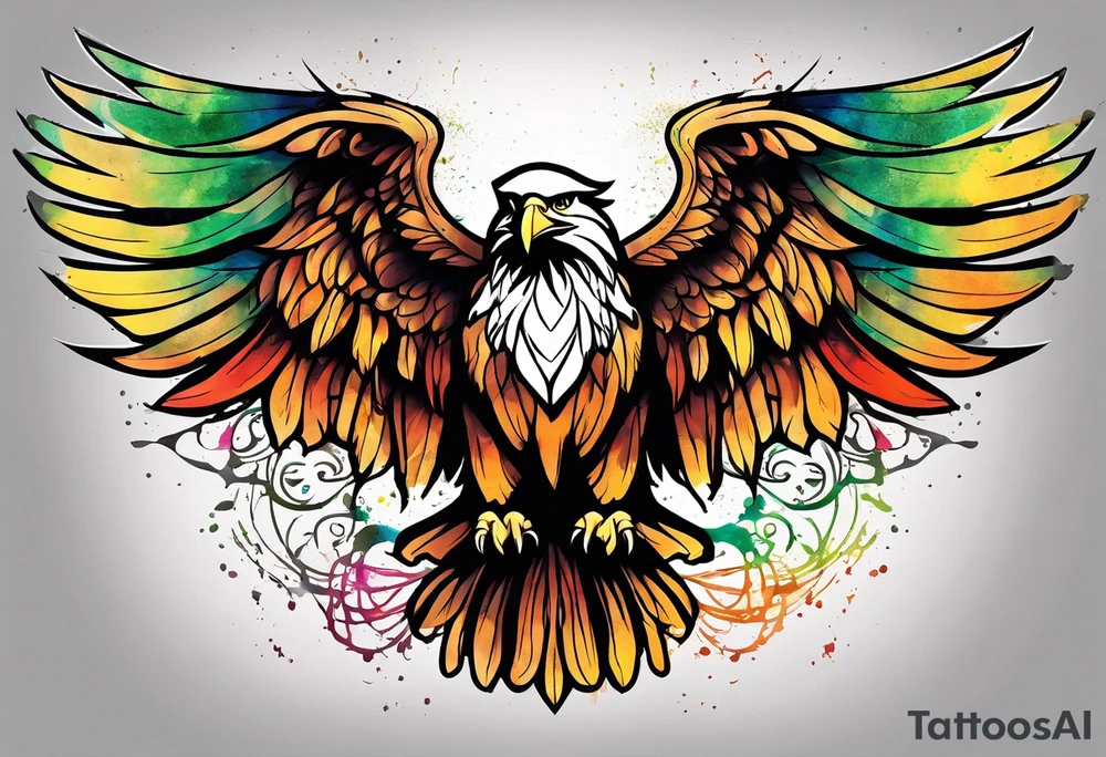 Simple celtic Eagle with wings spread upwards. Colourful background, splashes on colour tattoo idea