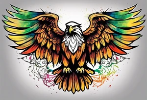 Simple celtic Eagle with wings spread upwards. Colourful background, splashes on colour tattoo idea