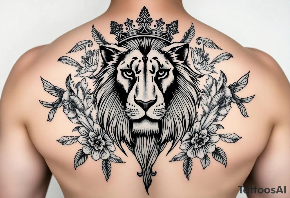 powerful majestic lion with a crown, surrounded by floral ornaments and birds tattoo idea
