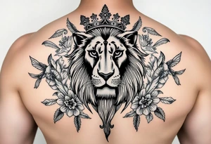 powerful majestic lion with a crown, surrounded by floral ornaments and birds tattoo idea