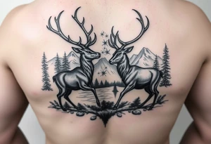FOREARM tattoo Black and grey realism Nature scene with two stags fighting in the foreground include mountains water and trees tattoo idea