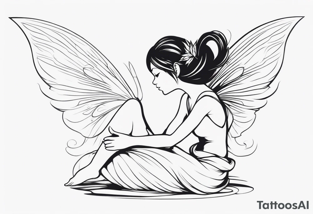 Minimalistic, monochromatic fairy with a tail flying to the left in a fetal position, leaning and looking in the same direction, with visible hands, embodying the 'Fairy Tail' logo aesthetic. tattoo idea