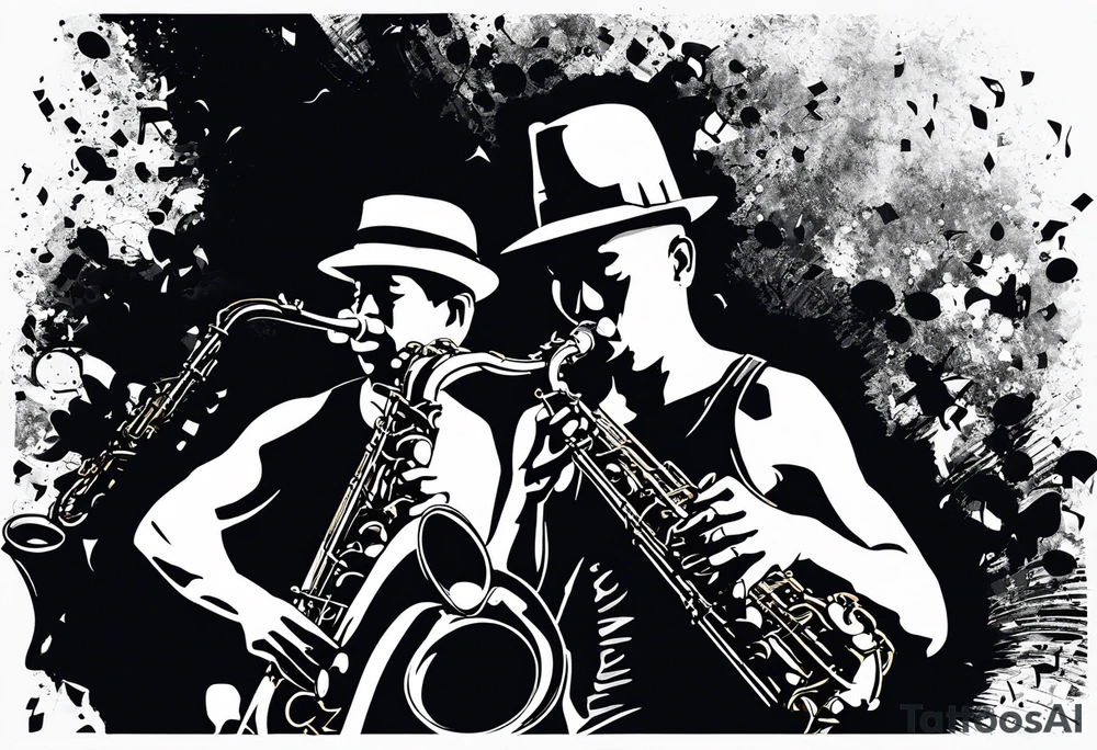 Muay thai boxer playing on tenor saxophone in a jazz club front of a jazz trio band. The notes coming out from the saxophone are turning into buddhist symbols. tattoo idea