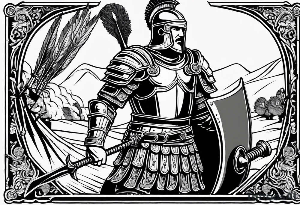 high quality black and white illustration, full body image, a strong tall roman centurion, wearing armour, wearing a belt, wearing armoured shoes, wearing a metal breastplate, holding a large shield, wearing a helmet, holding a sword. Flaming arrows are being fired at the centurion, he is blocking the arrows with his shield tattoo idea