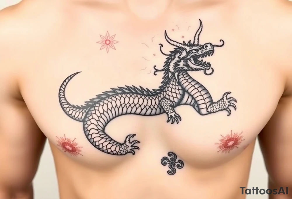 dragon on right chest with naga in telugu tattoo idea
