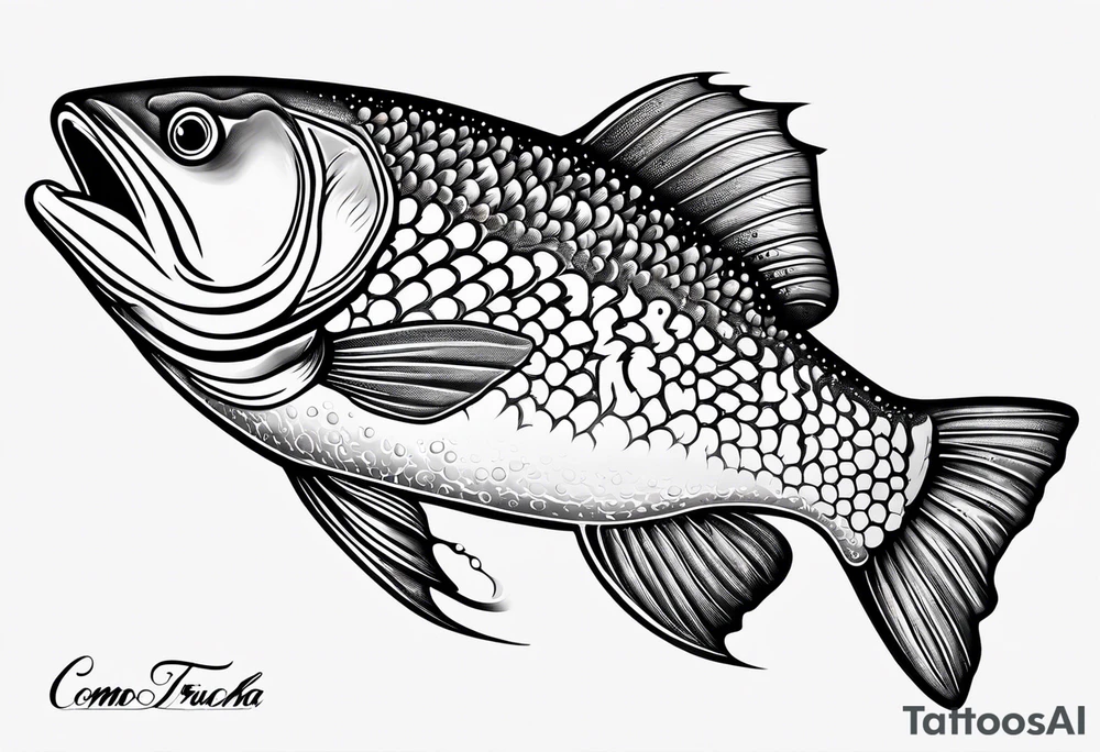 A shaded trout with text that says, 'Como la trucha...' tattoo idea