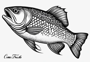 A shaded trout with text that says, 'Como la trucha...' tattoo idea