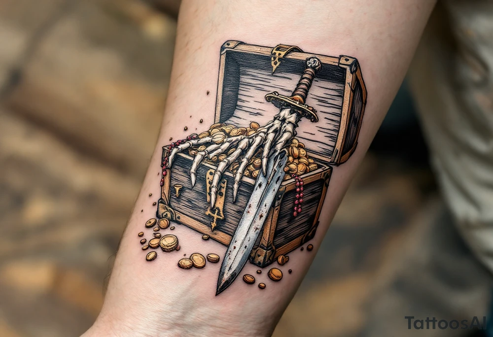 Dead Man’s Chest – A weathered wooden treasure chest, overflowing with gold coins, ruby necklaces, and silver goblets. A skeletal hand emerges from within, gripping a rusty dagger covered in barnacles. tattoo idea