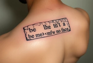 "Ancient stone tablet tattoo, but:  
- Text is 4chan greentext  
- Last line: **'>be me  
>mfw no face'**  

Style: Cracked engraving. Black ink, shoulder blade." tattoo idea