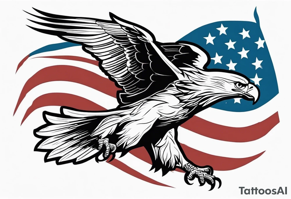 eagle flying in front of ship holding American flag in beak tattoo idea
