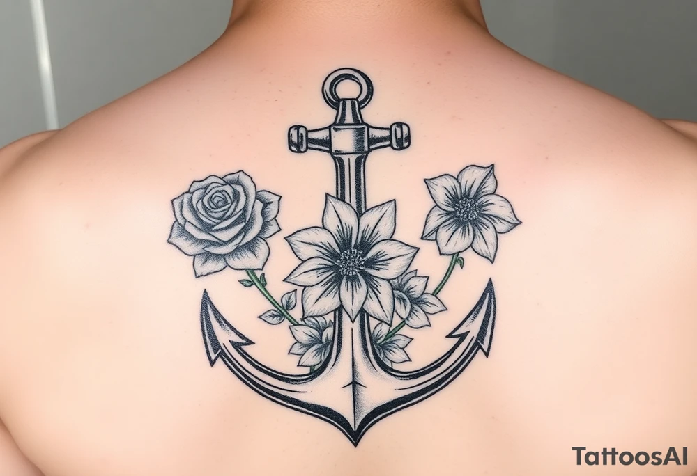 anchor with a rose, a lily and a hydrangea add color tattoo idea