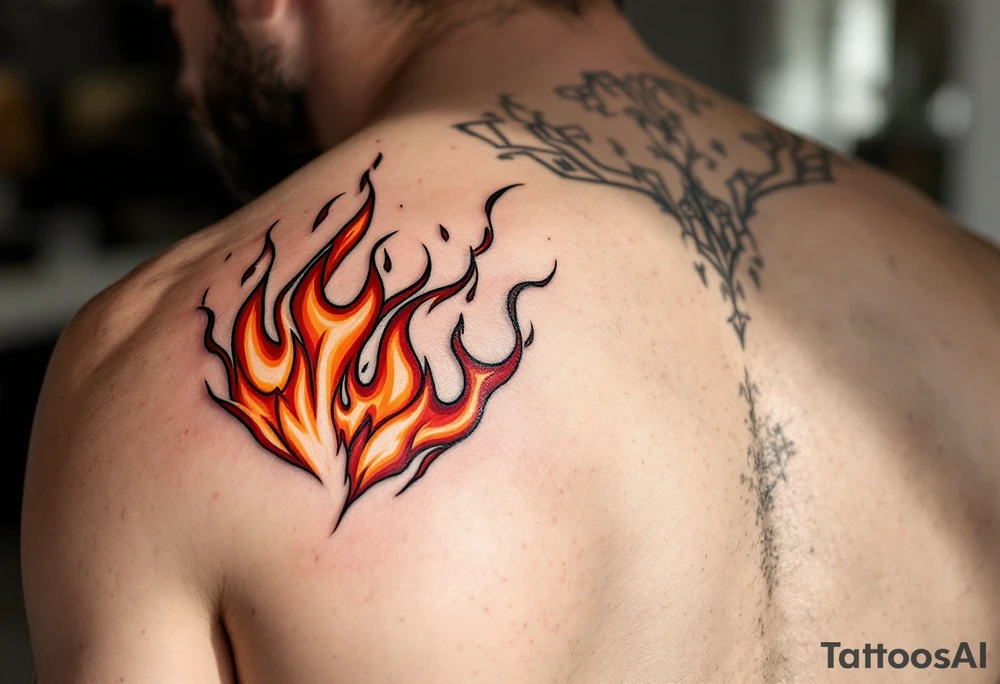 Matching red and orange flame tattoos on one partners shoulder and on second partner shoulder tattoo idea