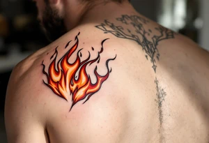 Matching red and orange flame tattoos on one partners shoulder and on second partner shoulder tattoo idea