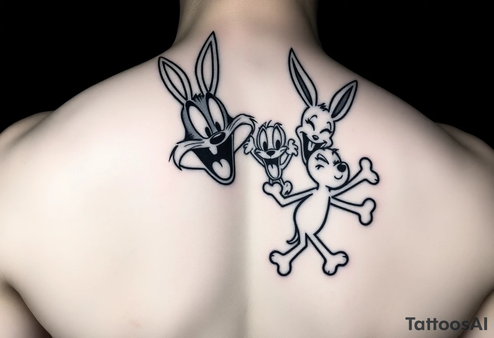i want the looney toons breaking out of right rib cage and as their body parts exit they turn to bones (representing my four kids 3 boys 1 girl) taz, bugz, tweety, lola tattoo idea