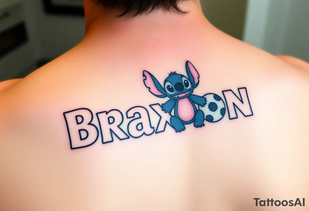 The name Braxton in small bubble letters with a animated stitch character from lilo and stitch 
The name Bentley in small bubble letters with a animated Piglet from Winnie the Pooh 
The name Cayden in small bubble letters with a Sully from monsters inc tattoo idea