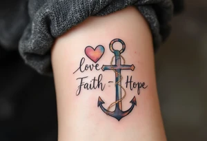 "Love, Faith, Hope" written in a flowing handwritten style beneath a heart, cross, and anchor in muted earth tones. tattoo idea