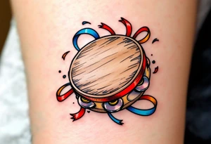 Tambourine and Dance Ribbon – A wooden tambourine in light brown with colorful ribbons (red, blue, yellow) swirling around it, conveying rhythm, joy, and movement. tattoo idea