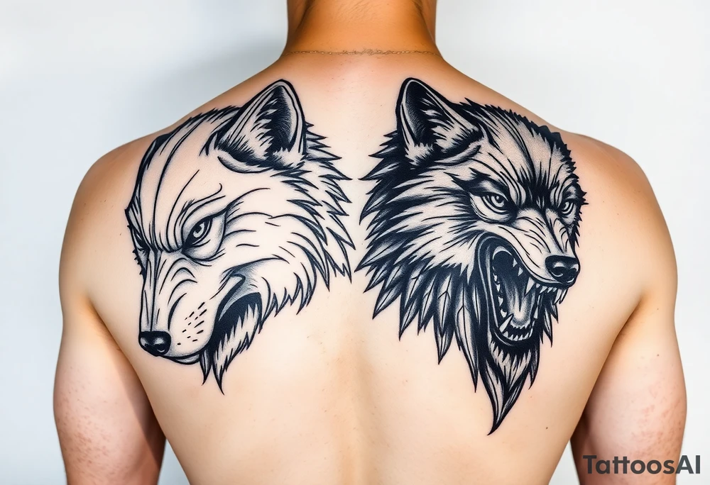 2 wolves- good and evil . Full body black wolf white wolf tattoo idea