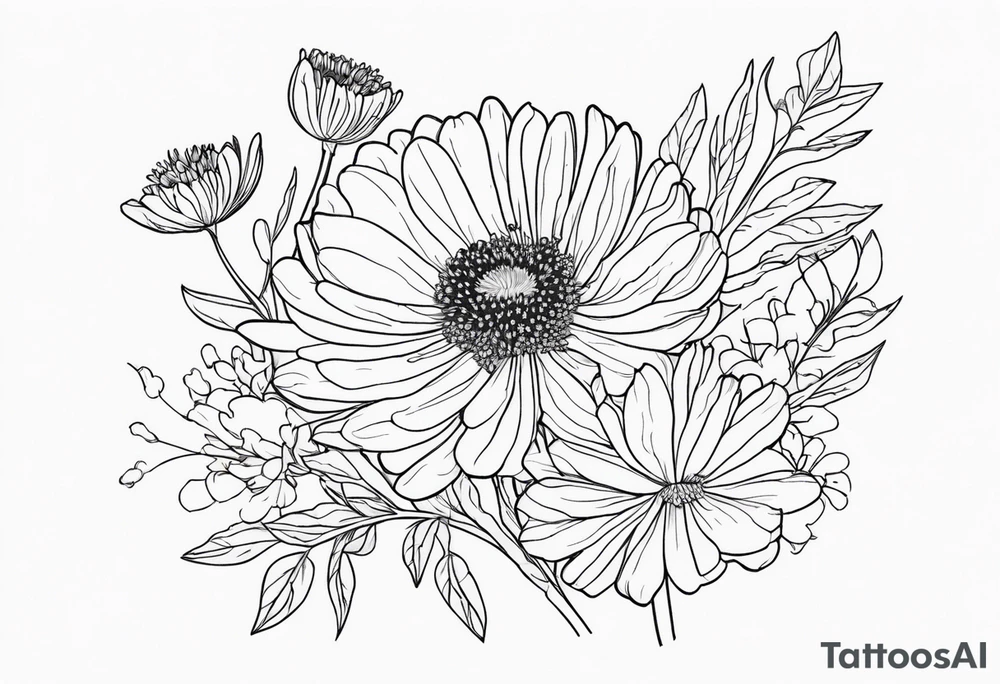 Chrysanthemum with wildflowers, poppy, complimentary flowers tattoo idea