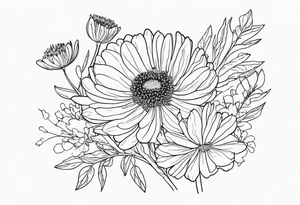 Chrysanthemum with wildflowers, poppy, complimentary flowers tattoo idea