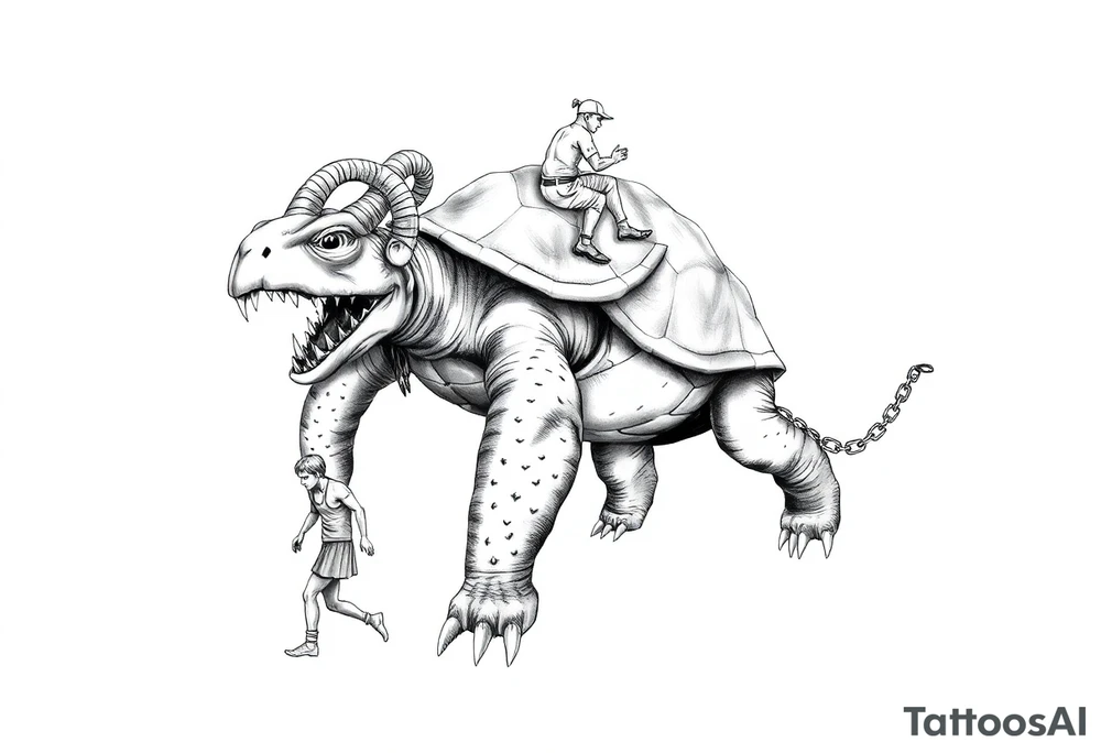 A giant walking 2 slaves on a chain leashan angry turtle with goat horns and huge teeth with a little man riding on his back tattoo idea
