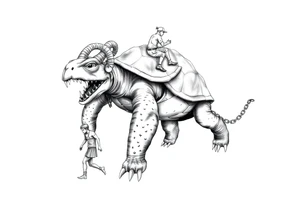A giant walking 2 slaves on a chain leashan angry turtle with goat horns and huge teeth with a little man riding on his back tattoo idea