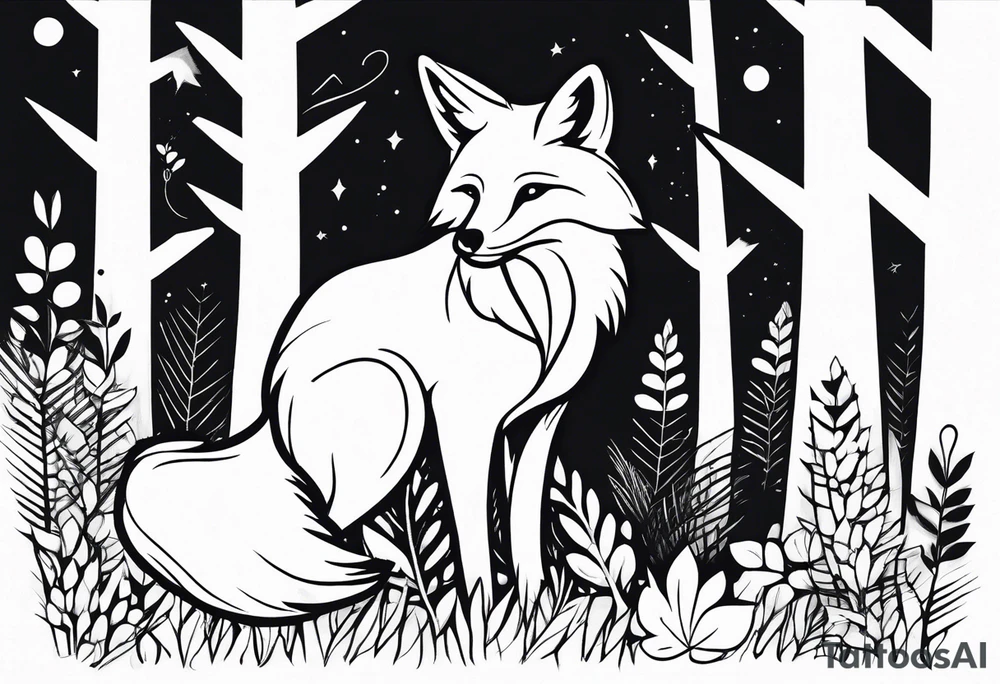 A playful fox with a bushy tail, set in a lush forest, illustrating cleverness and adaptability.” tattoo idea