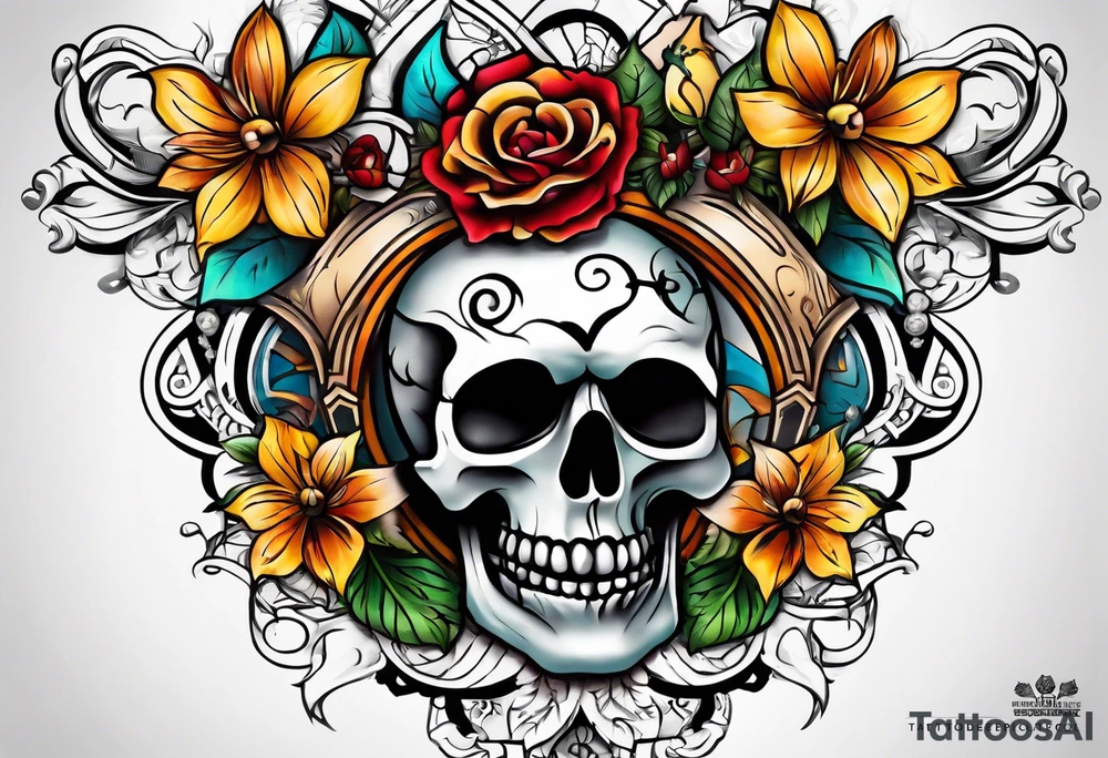 Old school center Knee tattoo with skulls, various flowers, water shapes and fall colors tattoo idea